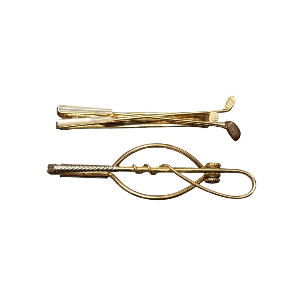 VTG Swank Tie Clip Lot Golf Clubs Fishing Rod Gold Tone‎ dad grandpa retirement